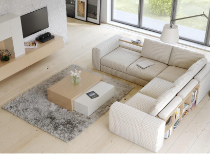 Itsenäinen kulmasohva hyllyllä olohuoneeseen