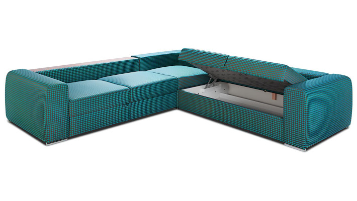 Itsenäinen kulmasohva hyllyllä olohuoneeseen