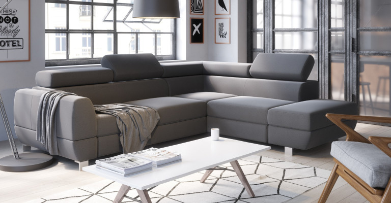 Moderni harmaa kulmasohva vuodemekanismilla