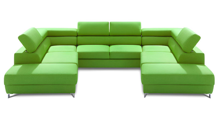 U-muotoilun sohva, jossa on vuode-toiminto kankaasta