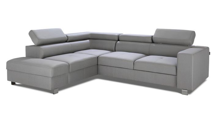 Harmaa kulmasohva, jossa vuode-toiminto, moderni L-muotoilu