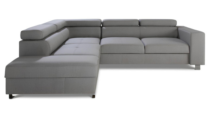 Harmaa kulmasohva, jossa vuode-toiminto, moderni L-muotoilu