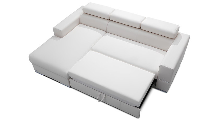 Moderni L-muotoinen sohva, jossa on vuode-toiminto ja säilytystilaa
