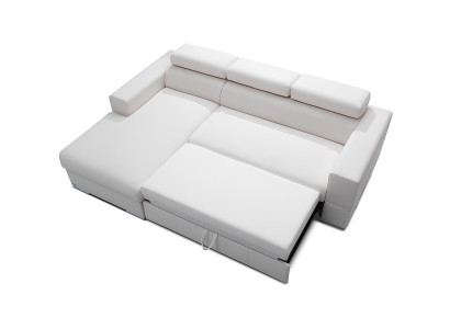Moderni L-muotoinen sohva, jossa on vuode-toiminto ja säilytystilaa
