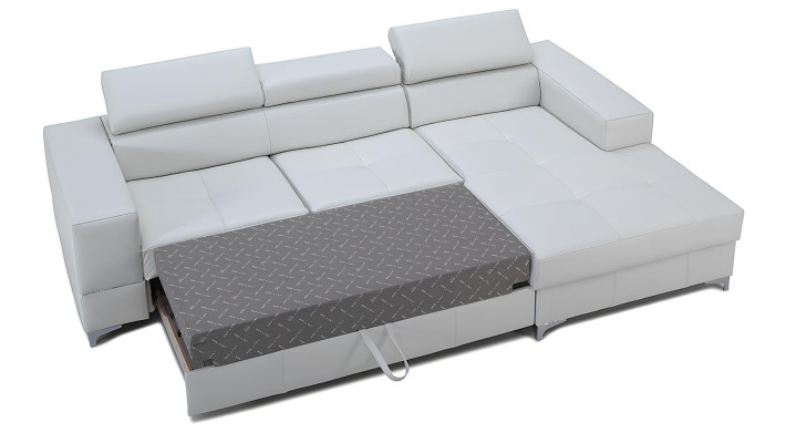 Moderni L-muotoinen kangassohva, jossa on säilytystila sängylle
