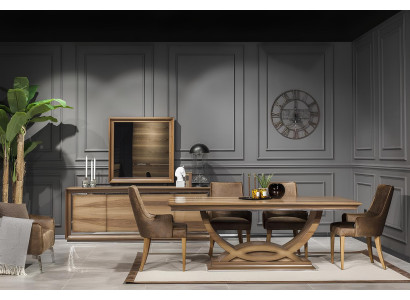 9-osainen ruokailuhuoneen kalustesetti, johon kuuluu pöytä, tuolit, lipasto ja peili