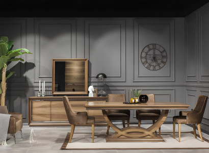 9-osainen ruokailuhuoneen kalustesetti, johon kuuluu pöytä, tuolit, lipasto ja peili