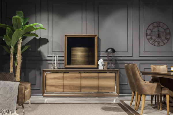 9-osainen ruokailuhuoneen kalustesetti, johon kuuluu pöytä, tuolit, lipasto ja peili