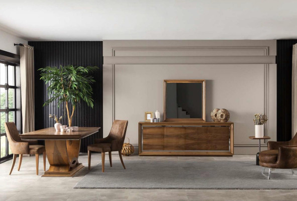 Ylellinen ruokailuryhmä pöydällä ja tuoleilla, lipasto, 7 osaa