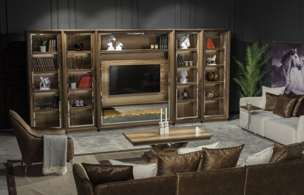 Luksus olohuoneen seinä, 448 cm, puu takalla