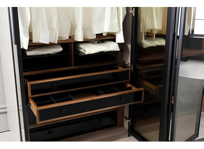 Ruskea kaappi huoneeseen, jossa on säilytystilaa ja lasiovet