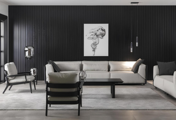 Neljän valkoisen nojatuolin sarja ylelliseen olohuoneeseen