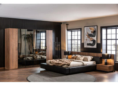 Brun makuuhuoneen kalustesarja, jossa sänky, kaappi ja 2 yöpöytää, 4 osaa.