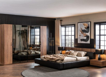 Brun makuuhuoneen kalustesarja, jossa sänky, kaappi ja 2 yöpöytää, 4 osaa.