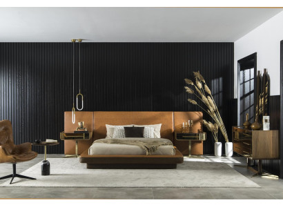 Ruskea keinonahkainen sänky modernilla ja ylellisellä tyylillä, mukava huone