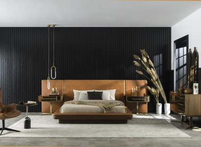 Ruskea keinonahkainen sänky modernilla ja ylellisellä tyylillä, mukava huone