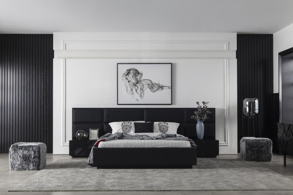 Mustat makuuhuonekalusteet, 3-osainen yöpöytä, nahkasänky