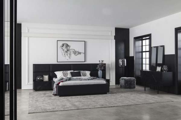 Mustat makuuhuonekalusteet, 3-osainen yöpöytä, nahkasänky