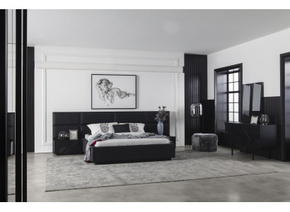 Mustat makuuhuonekalusteet, 3-osainen yöpöytä, nahkasänky