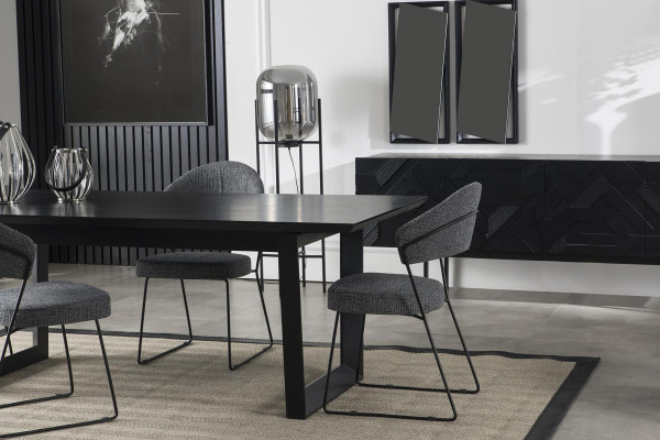 Mustan ruokapöydän setti, jossa on kaappi, tuolit ja ruokapöytä