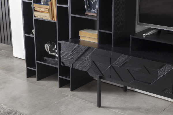 Korkealaatuinen musta olohuoneen seinä kaapilla ja 2-osaisella pöydällä