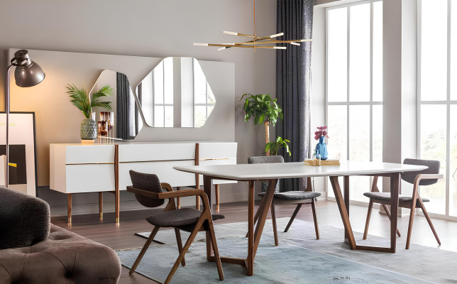 Ruokailuryhmä, pöytä, tuolit, lipasto 9 osaa valkoista puuta