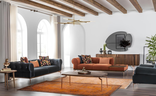 Sohva 321 kolmen hengen Tonal-kangas Sininen-Oranssi