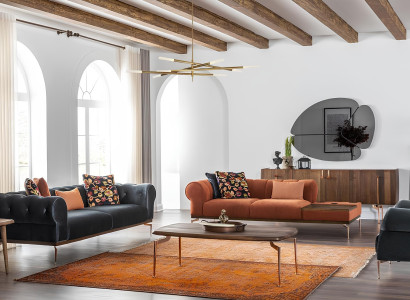 Sohva 321 kolmen hengen Tonal-kangas Sininen-Oranssi