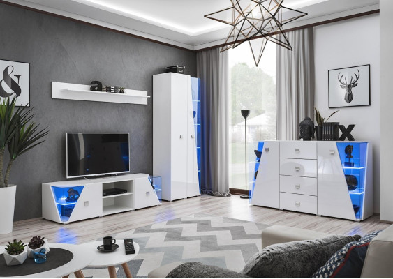 Moderni valkoinen seinä TV:llä, vitriini, 4-osainen sarja, uusi