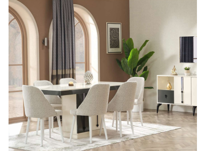 Ylellinen ruokailuryhmä, jossa on pöytä ja 6 suunnittelijan tuolia