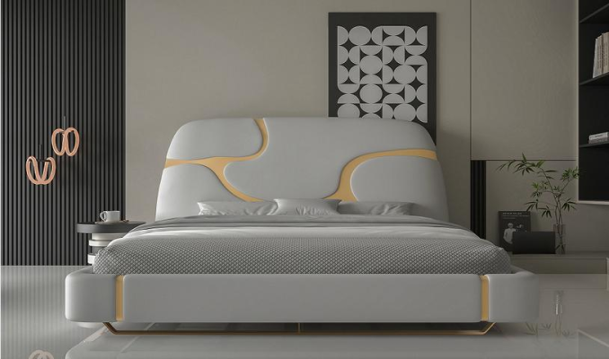 Ylellinen sänky kultaisilla yksityiskohdilla Moderni muotoilu Verhoiltu pääty Makuuhuone