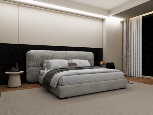 Ylellinen harmaa sänky modernilla pehmustetulla päädyllä makuuhuoneeseen
