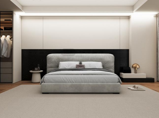 Ylellinen harmaa sänky modernilla pehmustetulla päädyllä makuuhuoneeseen