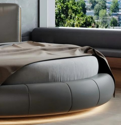 Eksklusiivinen harmaa-beige pyöreä sänky modernilla muotoilulla makuuhuoneeseen