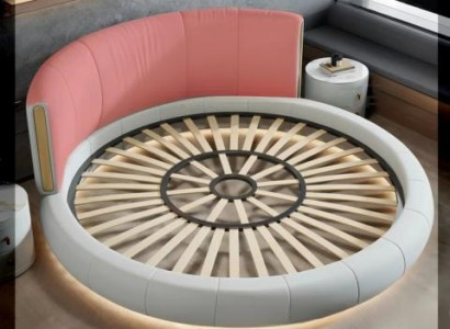 Eksklusiivinen harmaa-beige pyöreä sänky modernilla muotoilulla makuuhuoneeseen