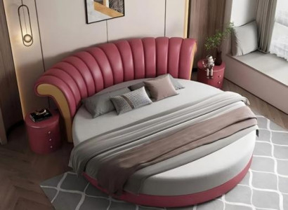 Beige pyöreä sänky modernilla suunnittelulla makuuhuoneeseen