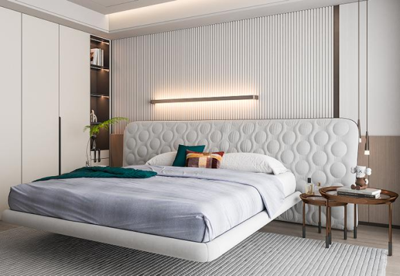 Moderni valkoinen verhoiltu sänky minimalistisella pyöreällä muotoilulla