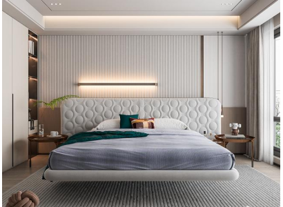 Moderni valkoinen verhoiltu sänky minimalistisella pyöreällä muotoilulla