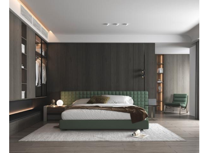 Moderni vihreä sänky tyylikkäällä verhoillulla päädyllä makuuhuoneeseen