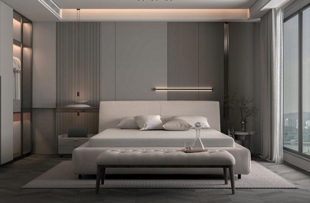 Tyylikäs verhoiltu sänky beigenä