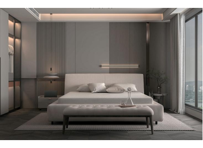 Tyylikäs verhoiltu sänky beigenä