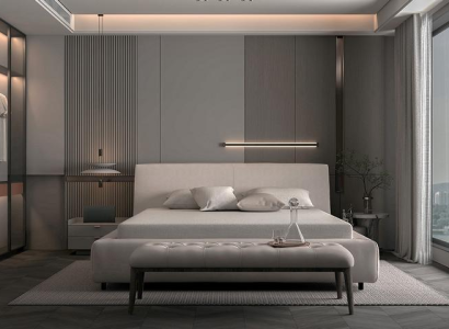 Tyylikäs verhoiltu sänky beigenä