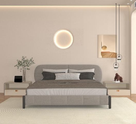 Tyylikäs harmaa verhoiltu sänky