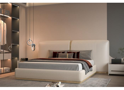 Tyylikäs verhoiltu sänky beige-muotoilussa