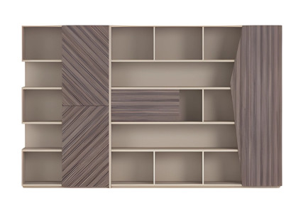 Moderni beige ja ruskea hyllyjärjestelmä puuefektillä, avoin kaappi laatikoilla