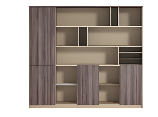 Moderni beige ja ruskea toimistokaappi puuefektillä, avoin, työtilaan