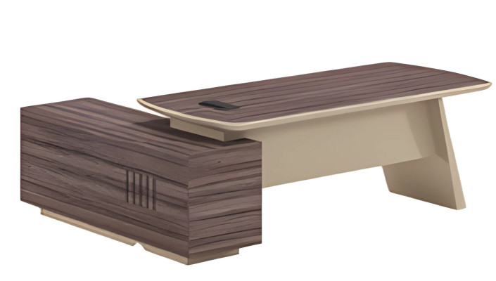 Moderni beige ja ruskea kirjoituspöytä puuefektillä ja työpinnalla sekä laatikolla