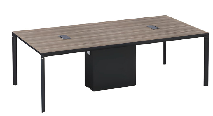 Ruskea ja musta puukokouspöytä, jossa on kaapelikanava ja moderni muotoilu