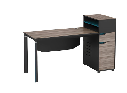 Ruskean puun vaikutuksella varustettu työpöytä, jossa on säilytystilaa ja kaapelihallinta toimistoon