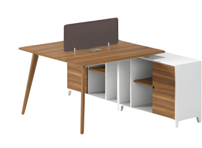 Moderni kirjoituspöytä puuhyllyllä ja tyylikkäällä jakopaneelilla